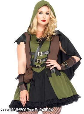 Female Robin Hood, costume dress, lace trim, belt, cape, S to 4XL